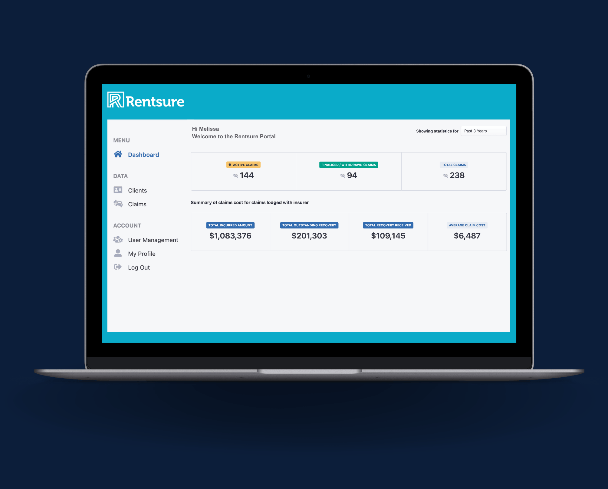 Rentsure claims portal dashboard on a laptop showing active, finalised and total claims.